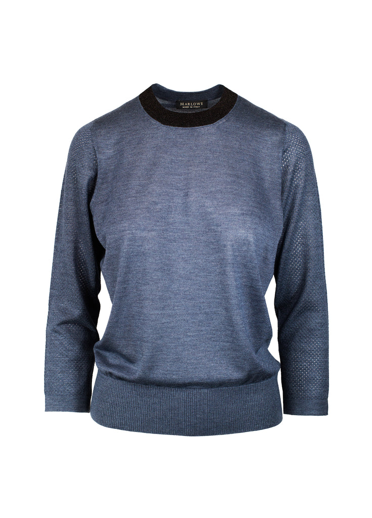 cashmere second skin crew neck with black lame neck trim and pointelle open work detail on sleeves quartz blue