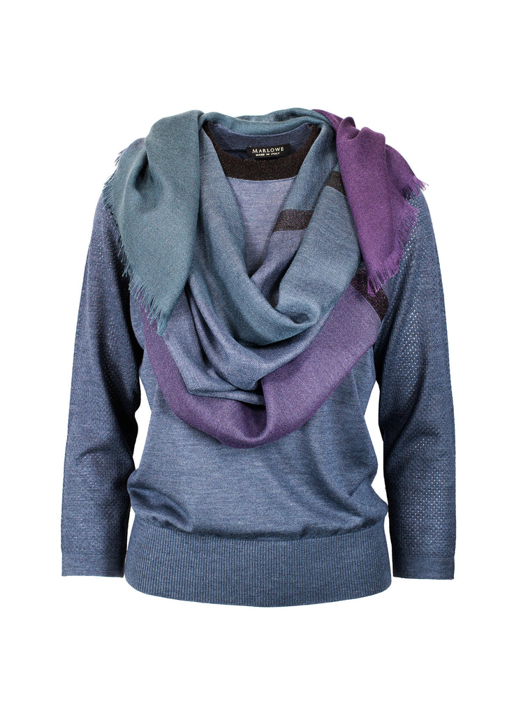 cashmere second skin crew neck with black lame neck trim and pointelle open work detail on sleeves quartz blue with triple tone ultrafine cashmere scarf