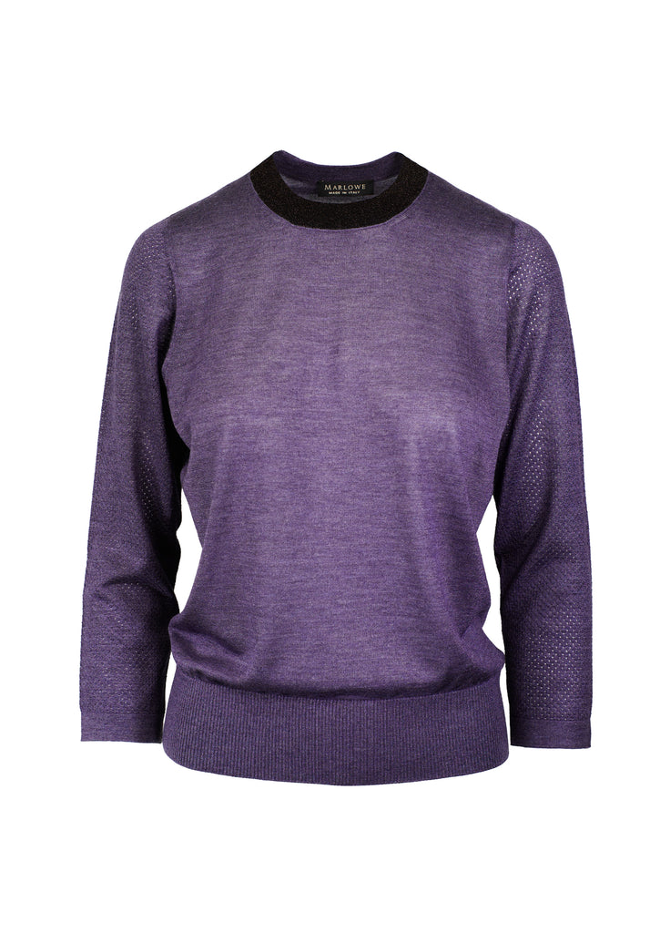 cashmere second skin crew neck with black lame neck trim and pointelle open work detail on sleeves amethyst plum