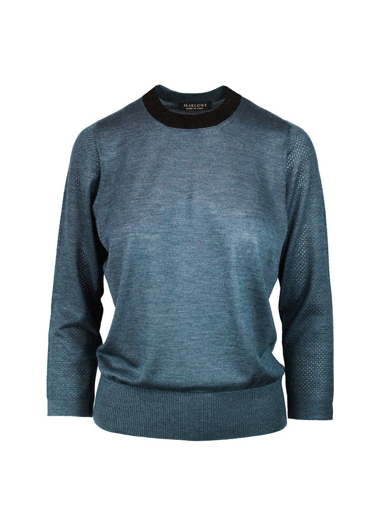 cashmere second skin crew neck with black lame neck trim and pointelle open work detail on sleeves teal sapphire