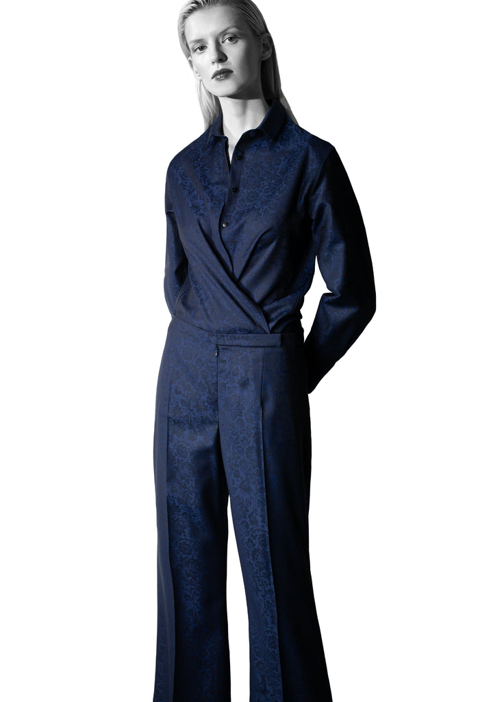 floral jacquard fine wool shirt and wide leg pant azurite blue on model 