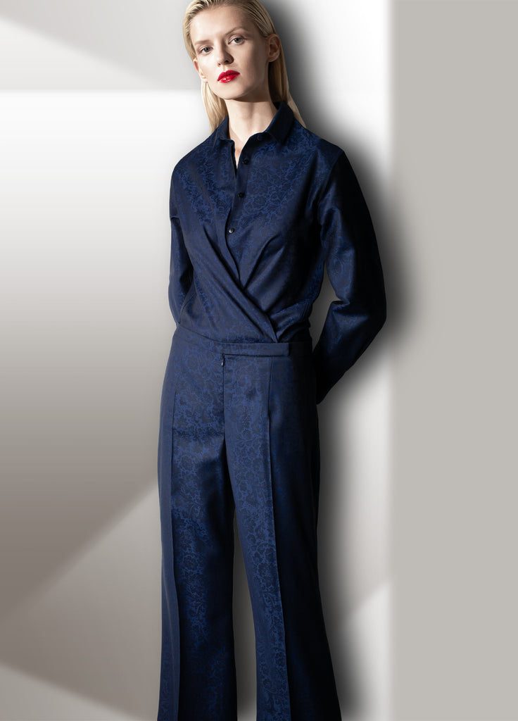 fine wool floral jacquard shirt and wide leg pant on model azurite blue