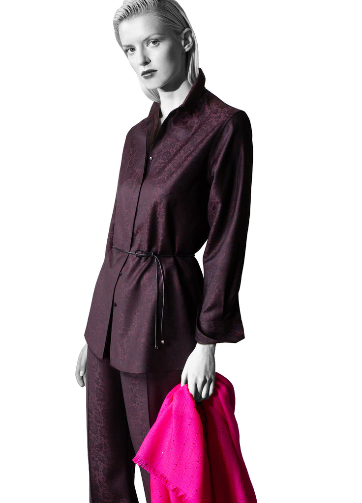 floral jacquard shirt with leather tie belt and wide leg pant on model currant burgundy