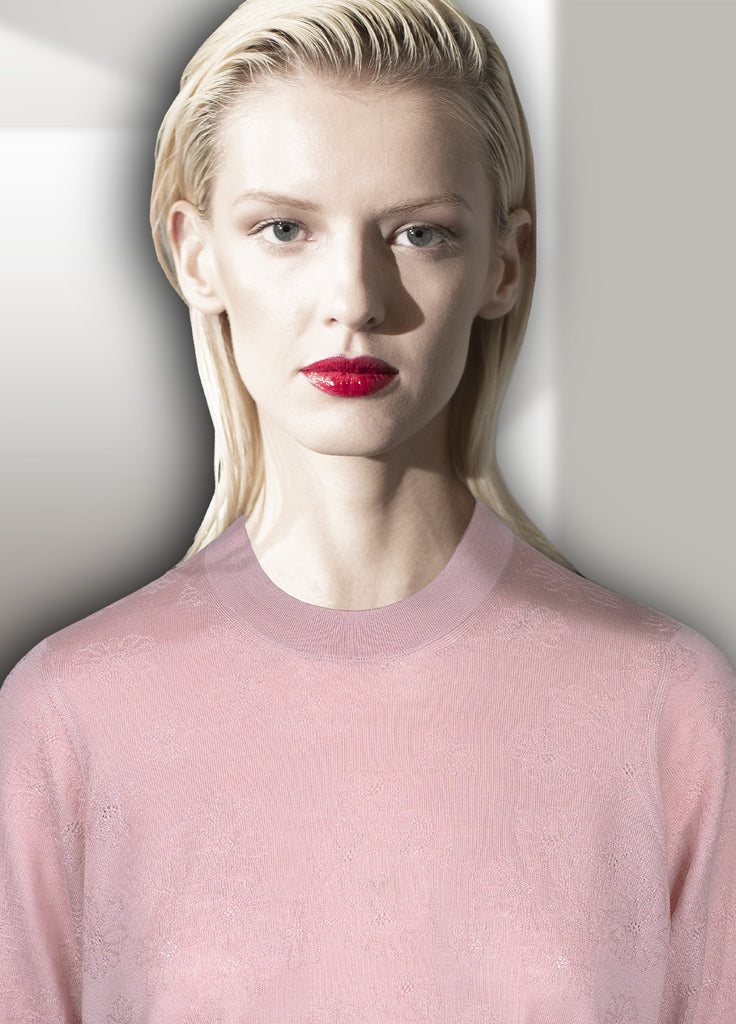 second skin cashmere floral detail crew neck crystal pink close up on model