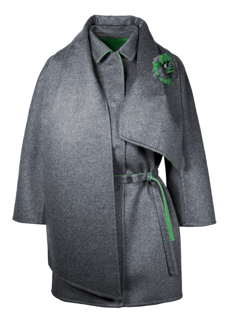 pure cashmere double-face reversible coat and scarf with flower pin in electric green with opal grey shown on opal grey side