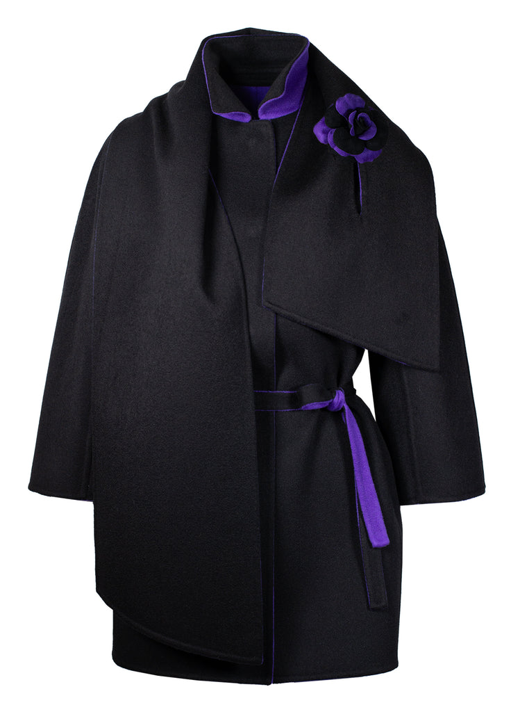 pure cashmere double-face reversible coat black/ultra violet with scarf and detachable flower pin