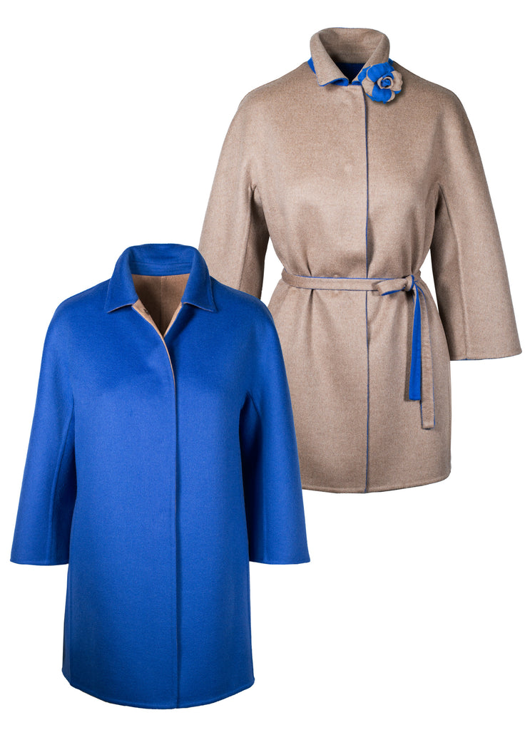 pure cashmere double-face reversible coat and scarf with flower pin in cobalt blue and natural camel shown belted or unbelted