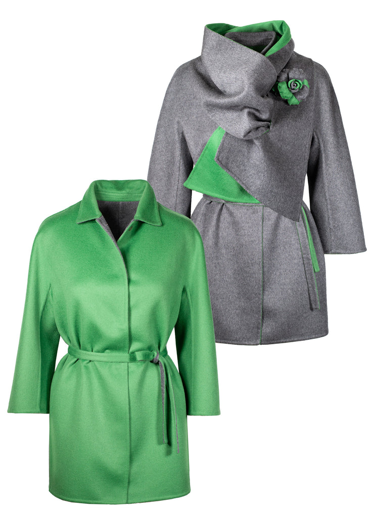 pure cashmere double-face reversible coat and scarf with flower pin in electric green with opal grey