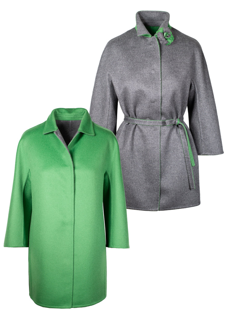 pure cashmere double-face reversible coat and scarf with flower pin in electric green with opal grey belted or unbelted