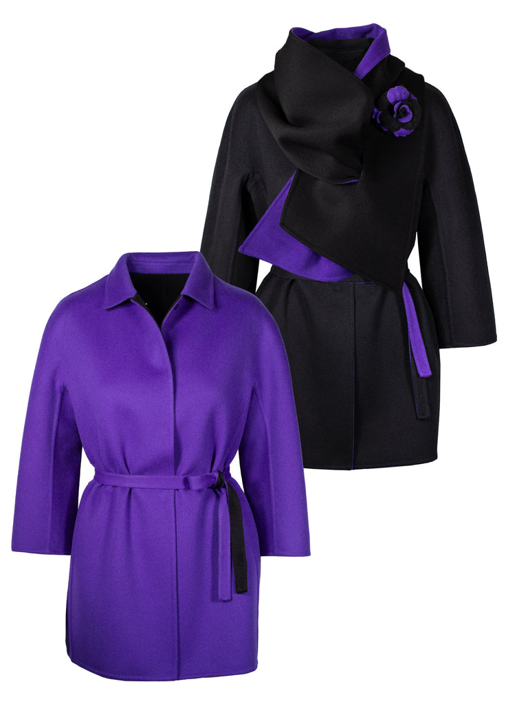 Pure cashmere double face reversible coat in black/ultra violet with scarf with flower pin