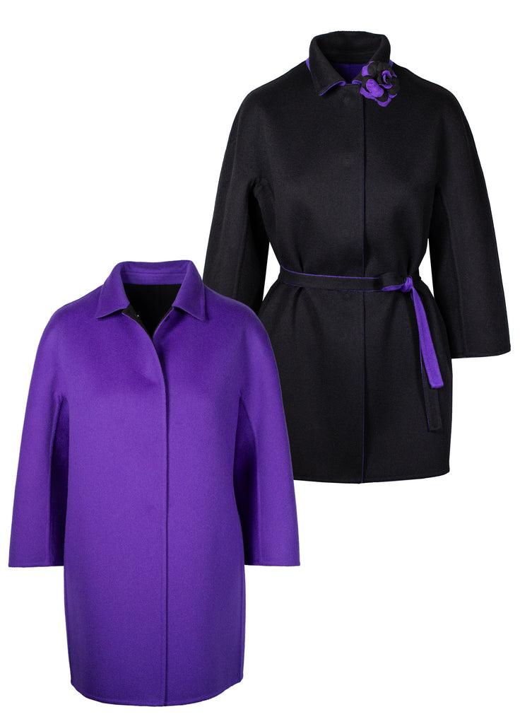 Pure cashmere double face reversible coat in black/ultra violet with scarf with flower pin belted or unbelted