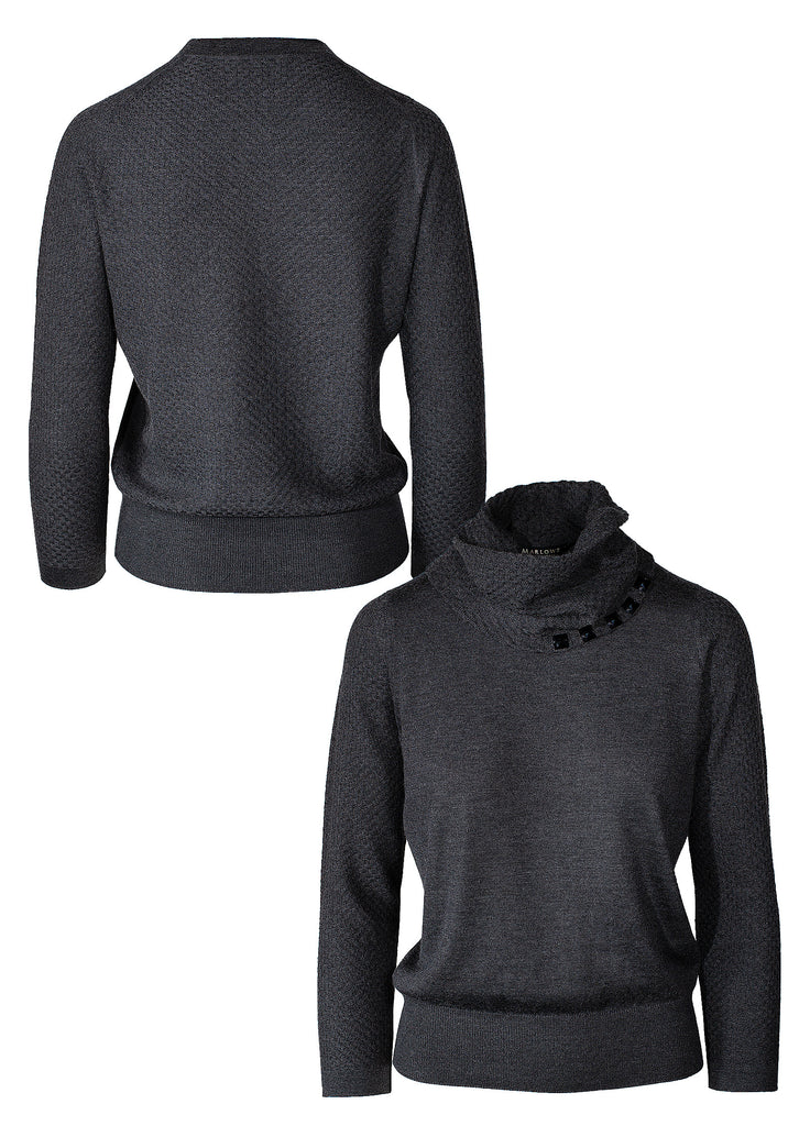 Graphite Grey cashmere ultrafine crew neck with detachable beaded funnel scarf front and back texture view