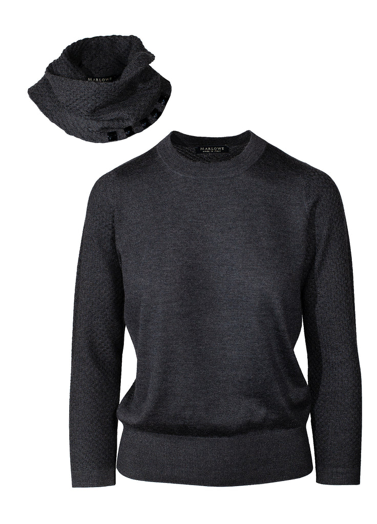 Graphite grey cashmere ultrafine crew neck with detachable beaded funnel scarf