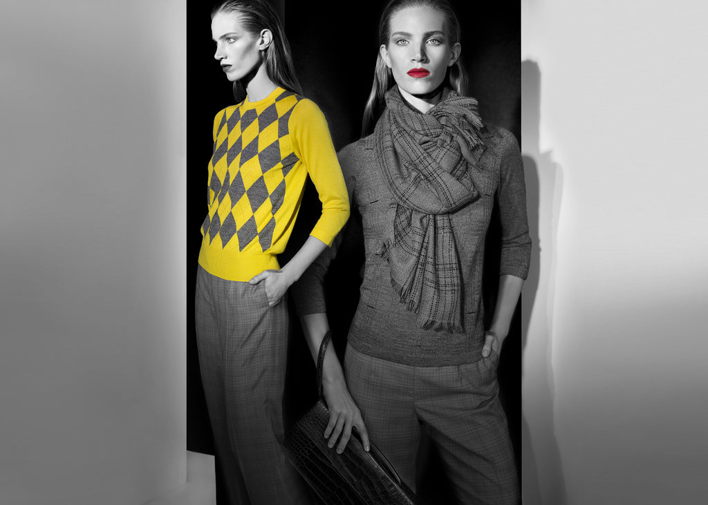 Cashmere yellow argyle sweater and boat neck with plaid detail