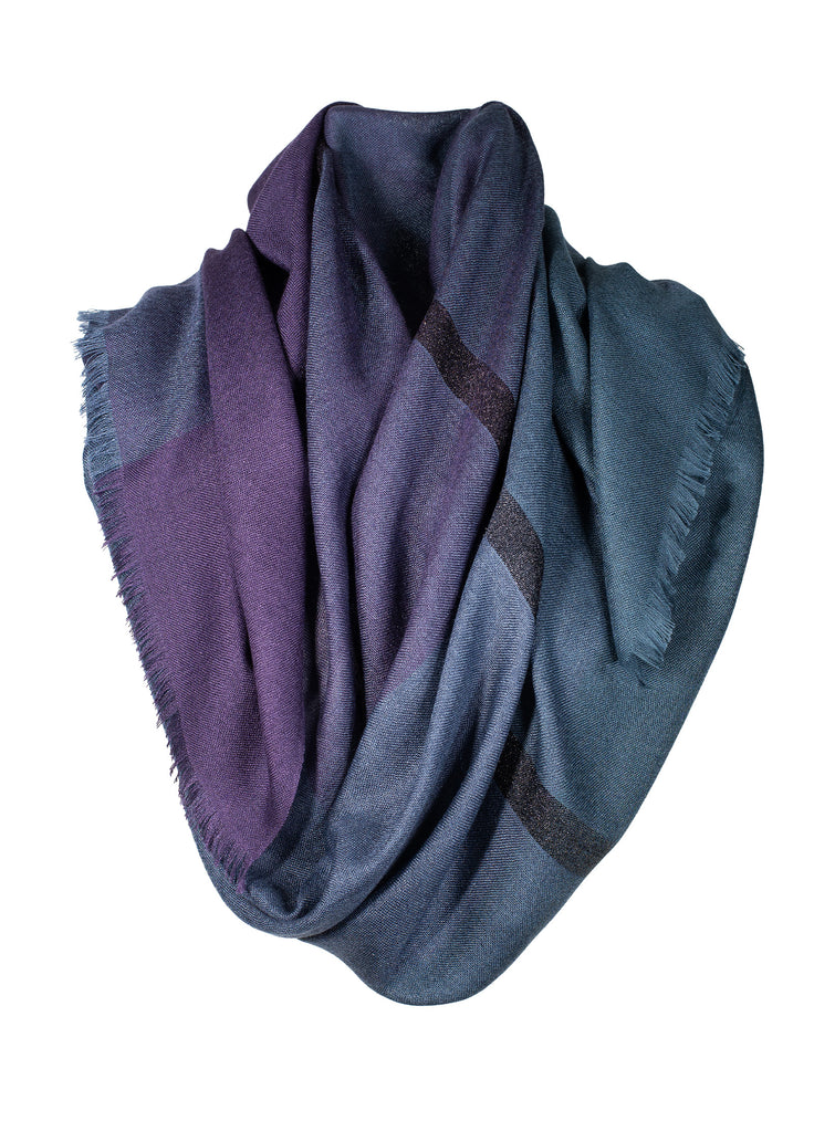 cashmere ultrafine scarf triple tone jewel tones teal saphire , quartz blue and amethyst with black lame stripe 