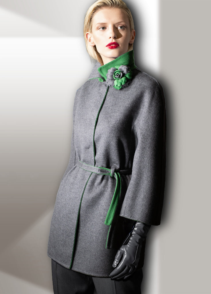 Double face Cashmere opal grey coat with detachable flower pin on model with grey gloves