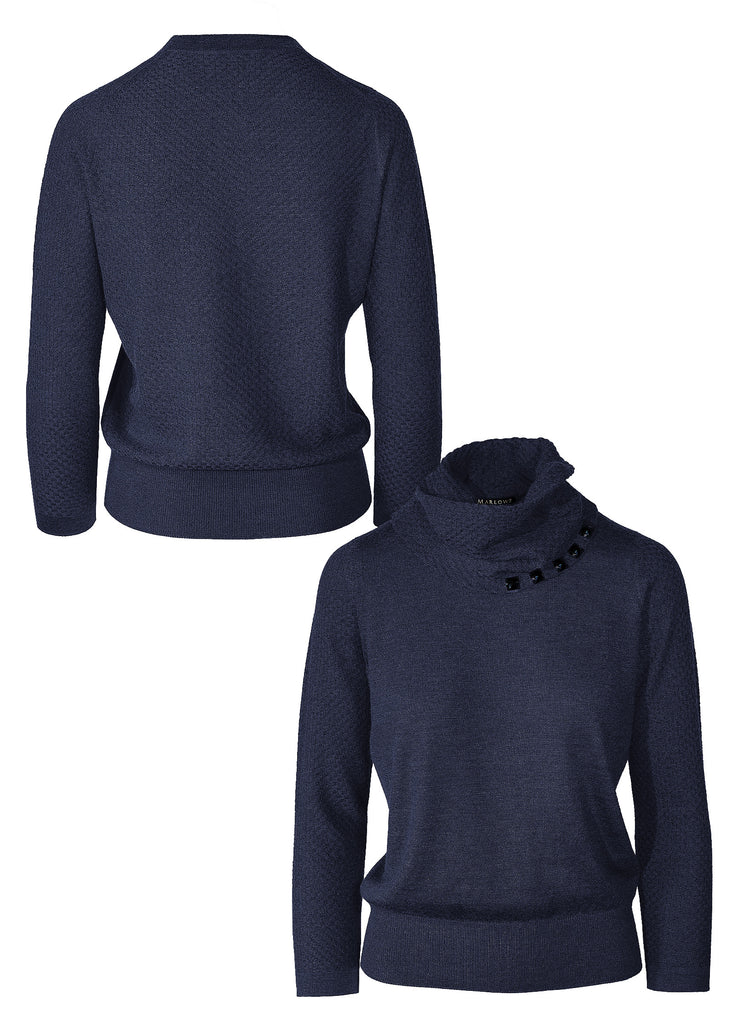 Ink navy cashmere ultrafine crew neck with detachable beaded funnel scarf front and back texture view