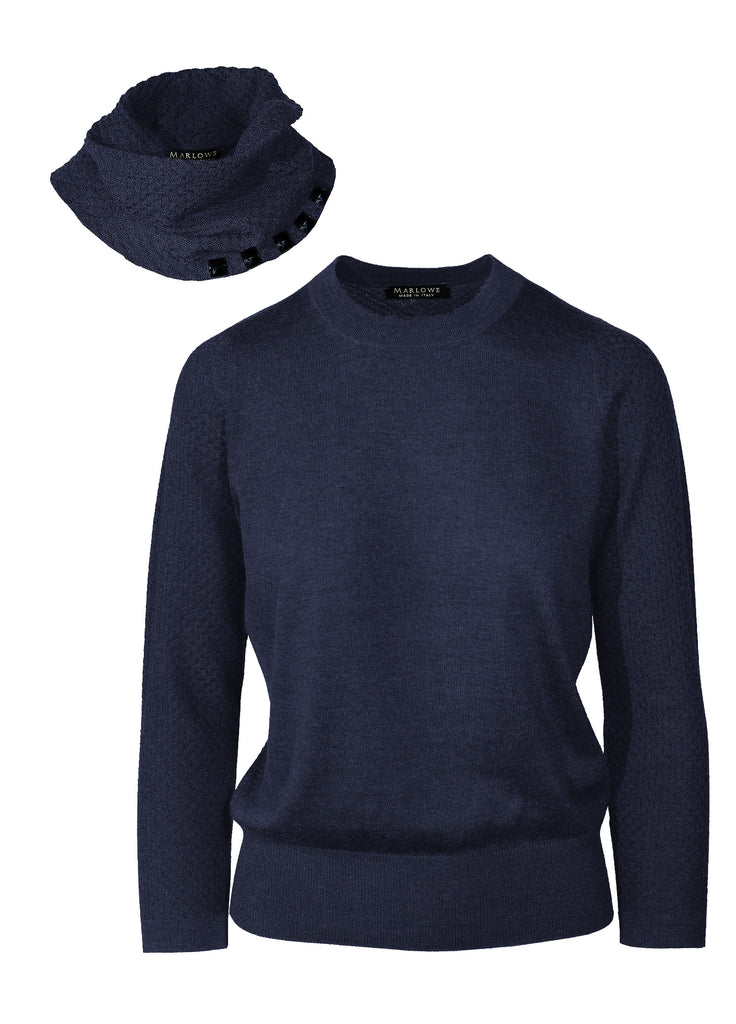 Ink navy cashmere ultrafine crew neck with detachable beaded funnel scarf