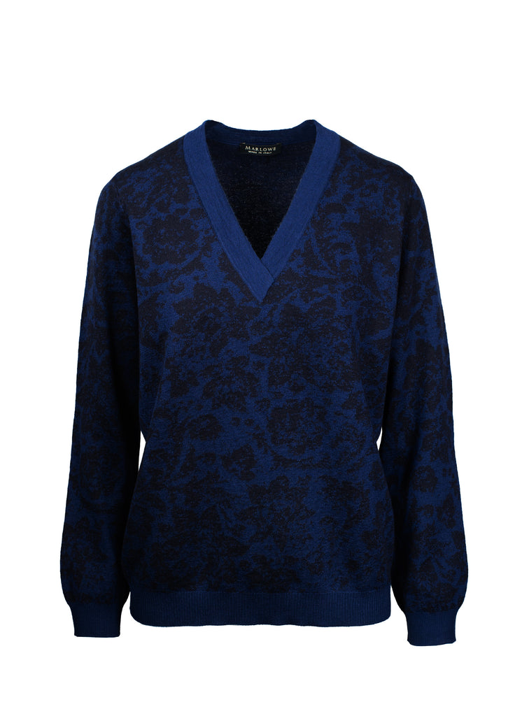 floral jacquard v-neck sweater in azurite blue with midnight navy