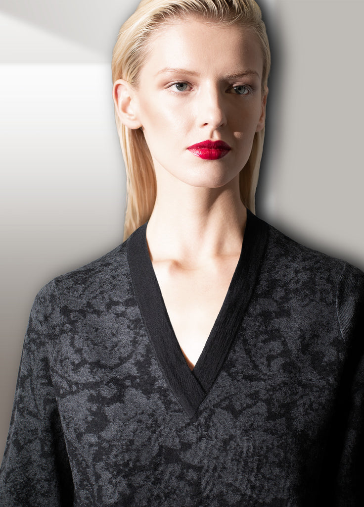 cashmere floral jacquard -neck on model in onyx graphite