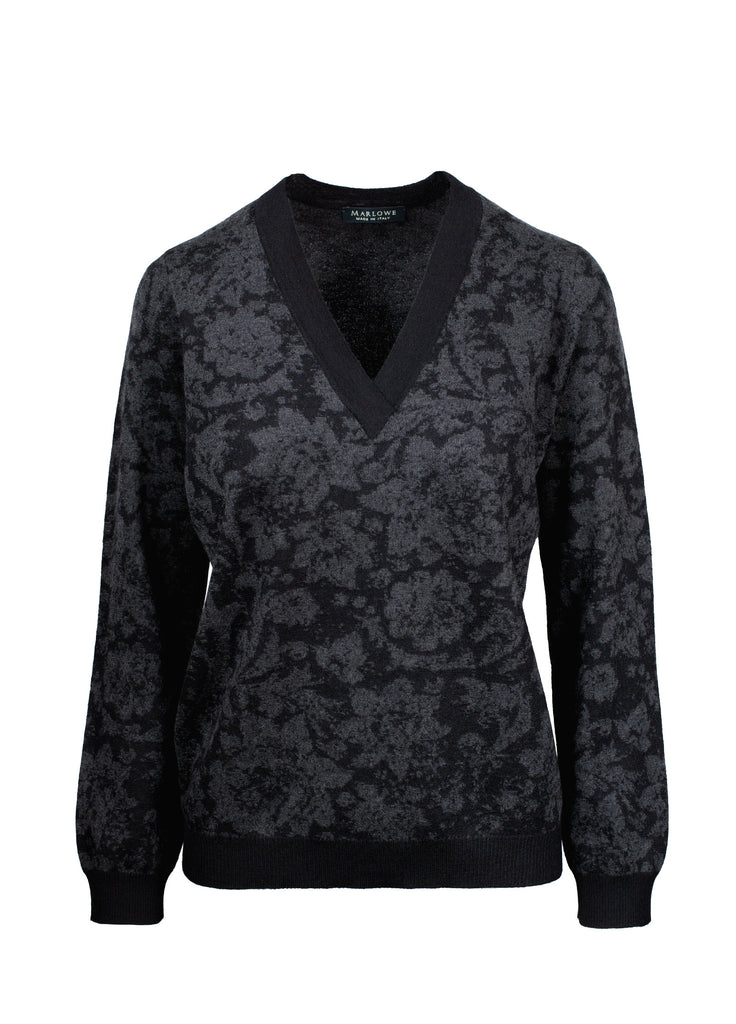 floral jacquard v-neck sweater in black and graphite