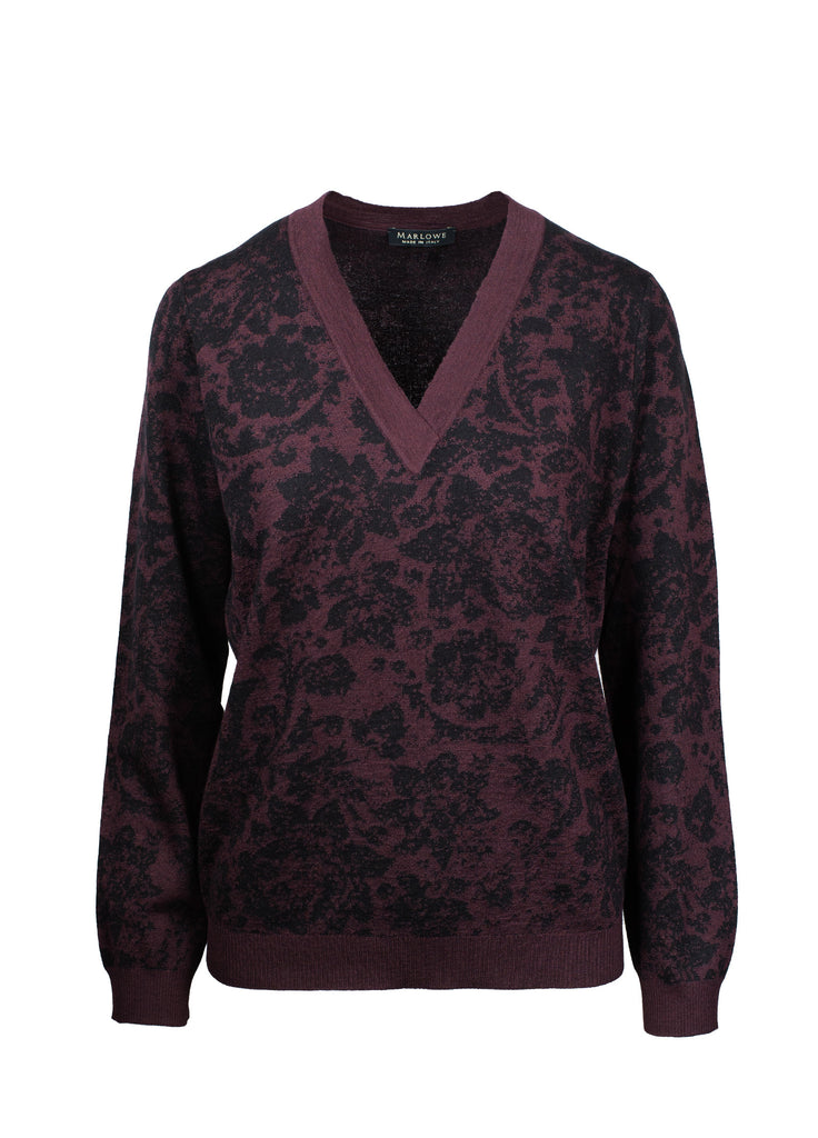 floral jacquard v-neck sweater in currant burgundy with black