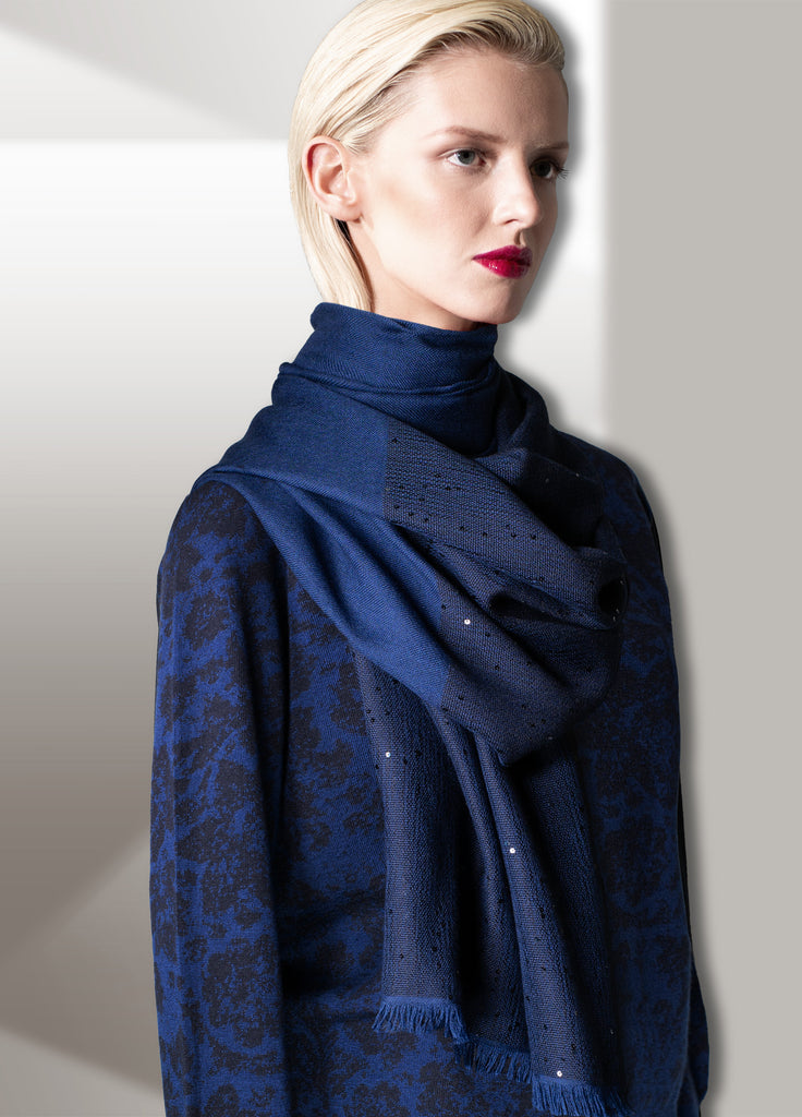 Cashmere floral jacquard V-neck in Azurite blue and midnight on model with cashmere ultrafine scarf with sequins