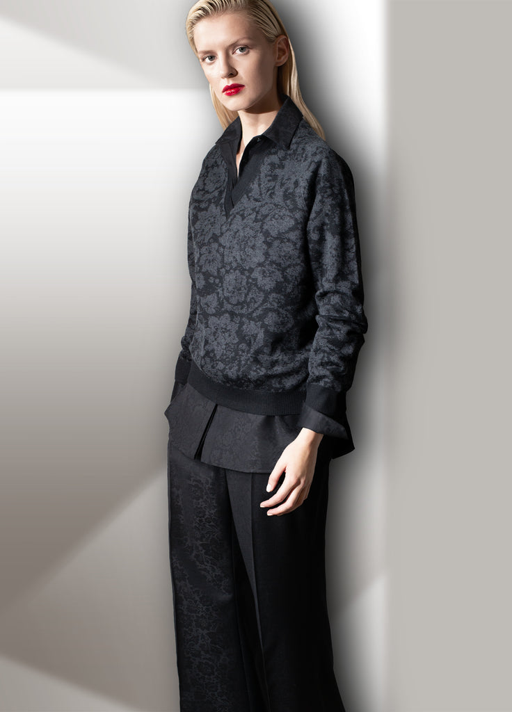 floral jacquard v-neck in black graphite on model with floral jacquard shirt and wide leg pant