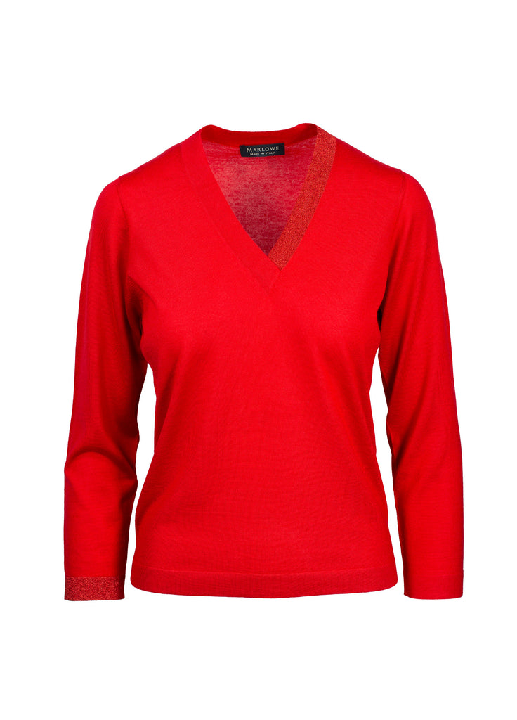 cashmere second skin V-neck in vibrant red with lame neck and wrist trim