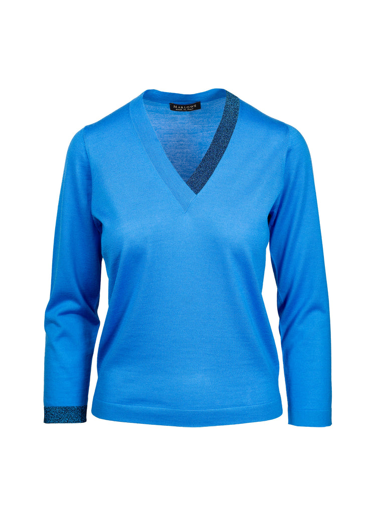 cashmere second skin V-neck in blue gem turquoise with lame neck and wrist trim