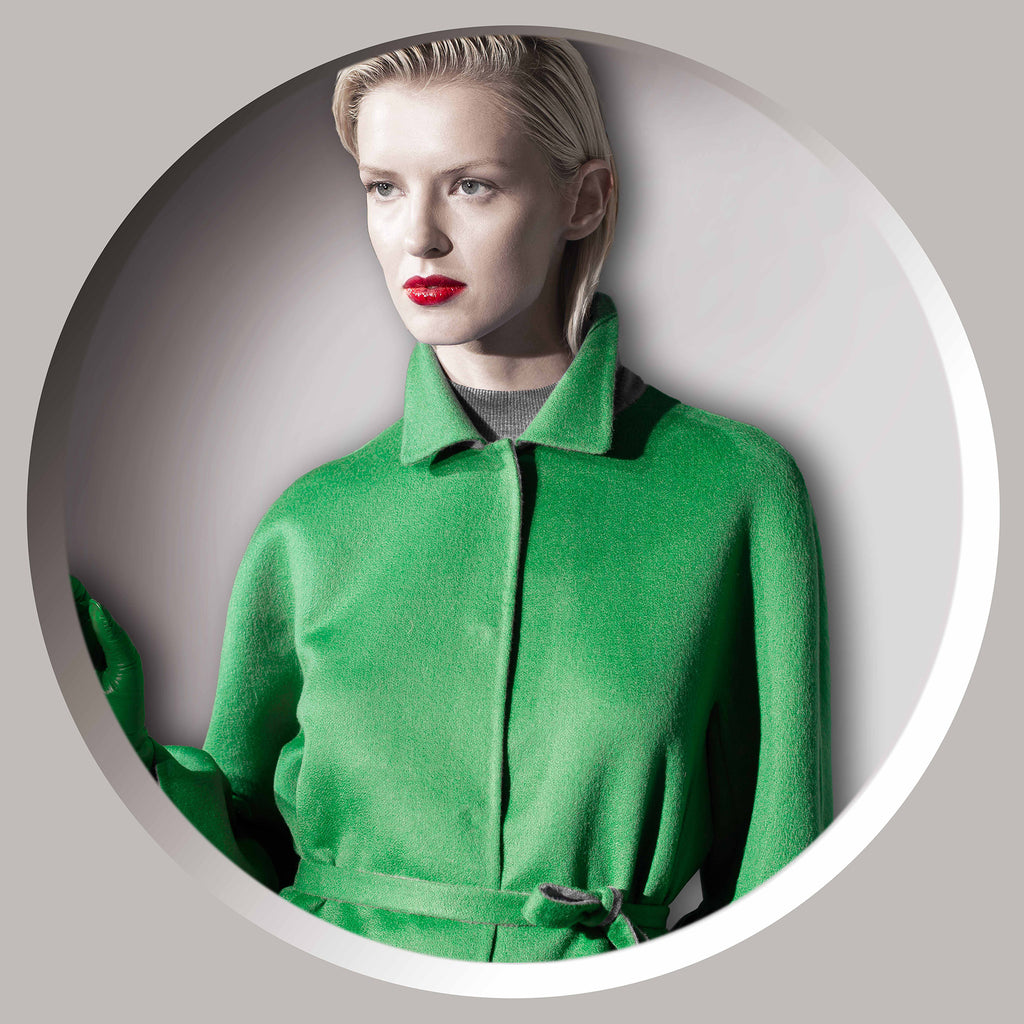 Cashmere reversible double-face coat in electric green and opal grey
