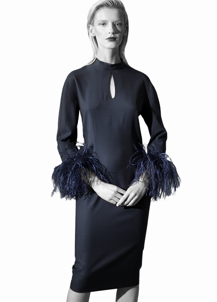 Women's navy dress with detachable feather cuffs
