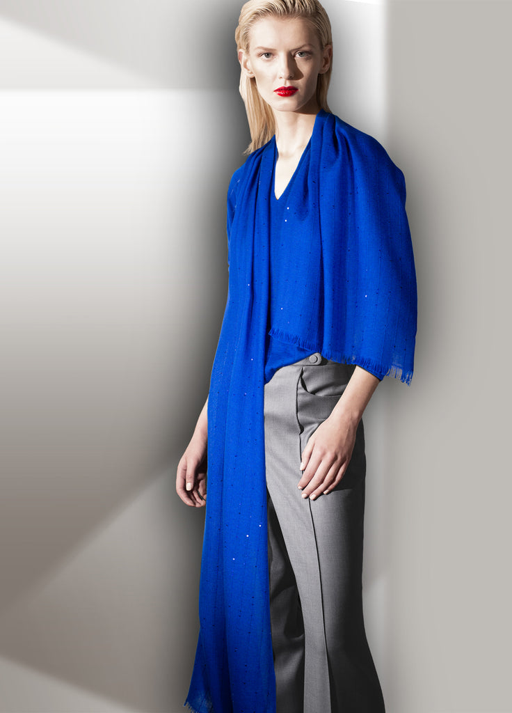 electric blue cashmere second skin V-neck with pointelle and sequin stripe scarf on model