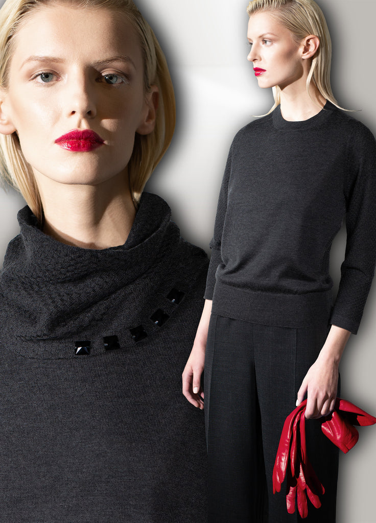 Graphite grey cashmere ultrafine crew neck with detachable beaded funnel scarf on model with and without funnel 