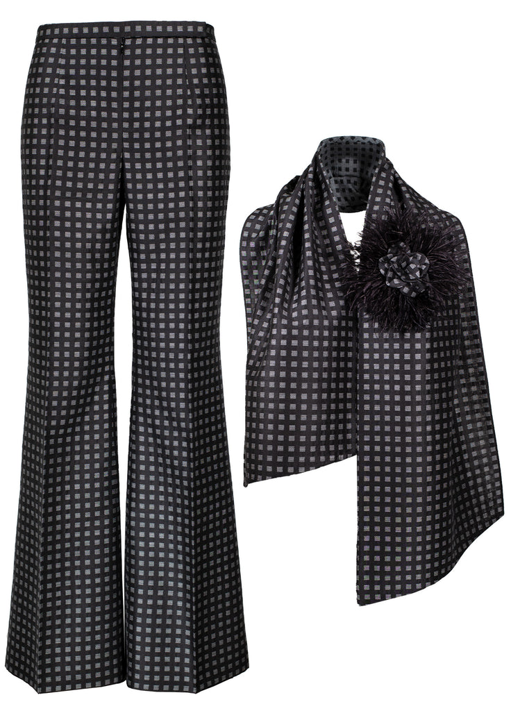 Wide leg pant in quadrato jacquard with coordinating scarf and detachable feather pin shown separately