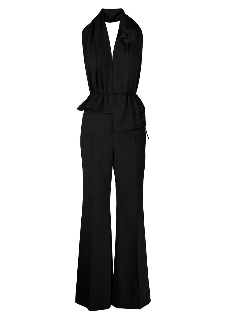 Black wide leg fine texture pant with duo texture scarf and flower pin with leather tie belt