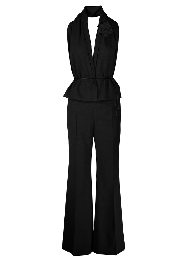 Black wide leg fine texture pant with duo texture scarf and flower pin with leather tie belt jumpsuit look