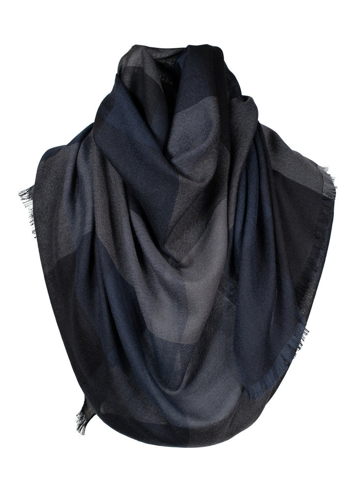 ultrafine cashmere triple tone scarf in shadow blue pewter grey and black