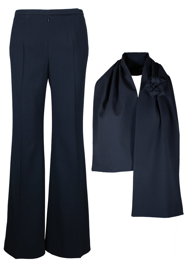 Shadow Blue wide leg texture pant with two texture scarf and flower pin