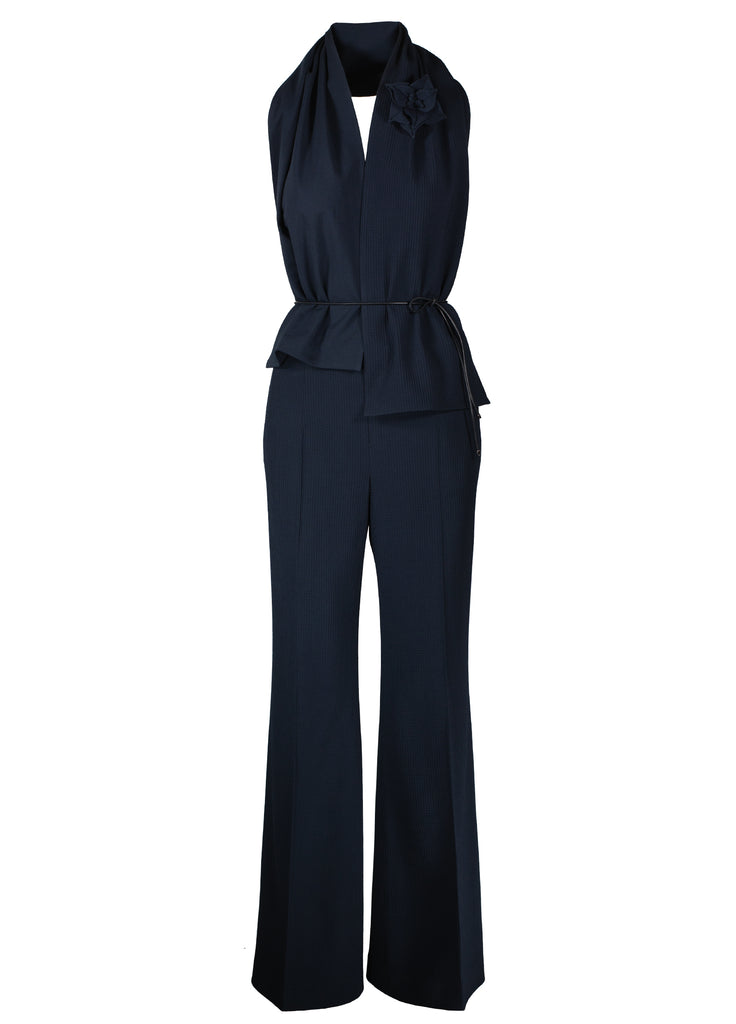 Shadow Blue wide leg texture pant with two texture scarf and flower pin and leather tie belt ensemble