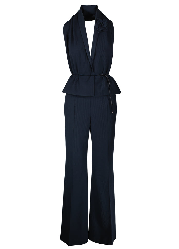 Shadow Blue wide leg texture pant with two texture scarf and flower pin and leather tie belt ensemble jumpsuit look