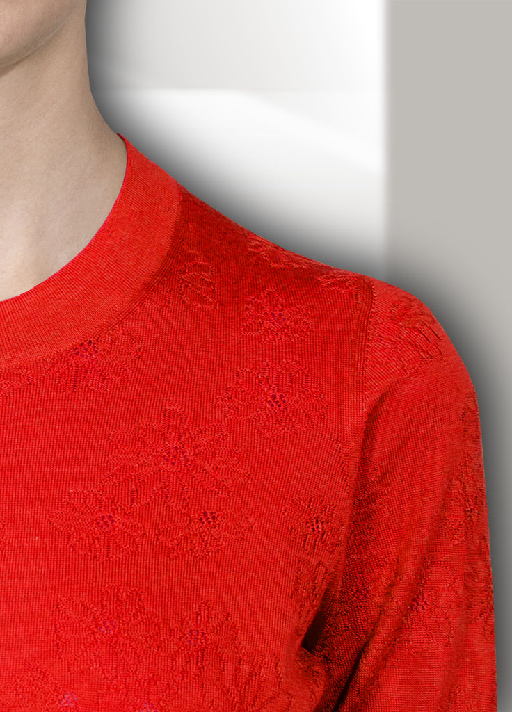 cashmere floral texture crew neck sweater vibrant red close up