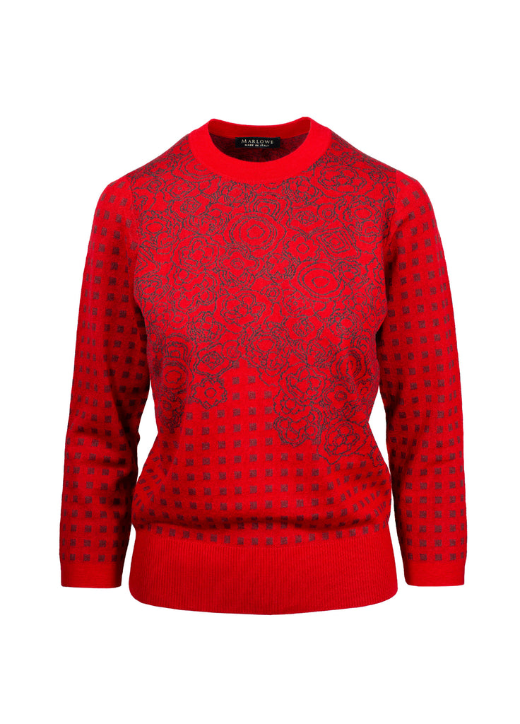 Quadrato Floral Jacquard Crew Neck Vibrant Red with graphite