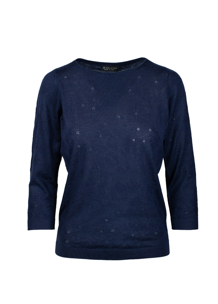 Women's cashmere boat neck sweater indigo with open floral detail