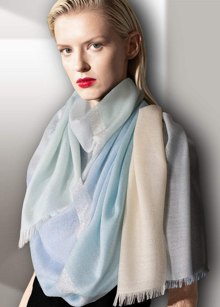 Cashmere ultra fine triple tone pastel scarf with silver lame stripes on model - yellow opal / blue pearl / aqua ice.