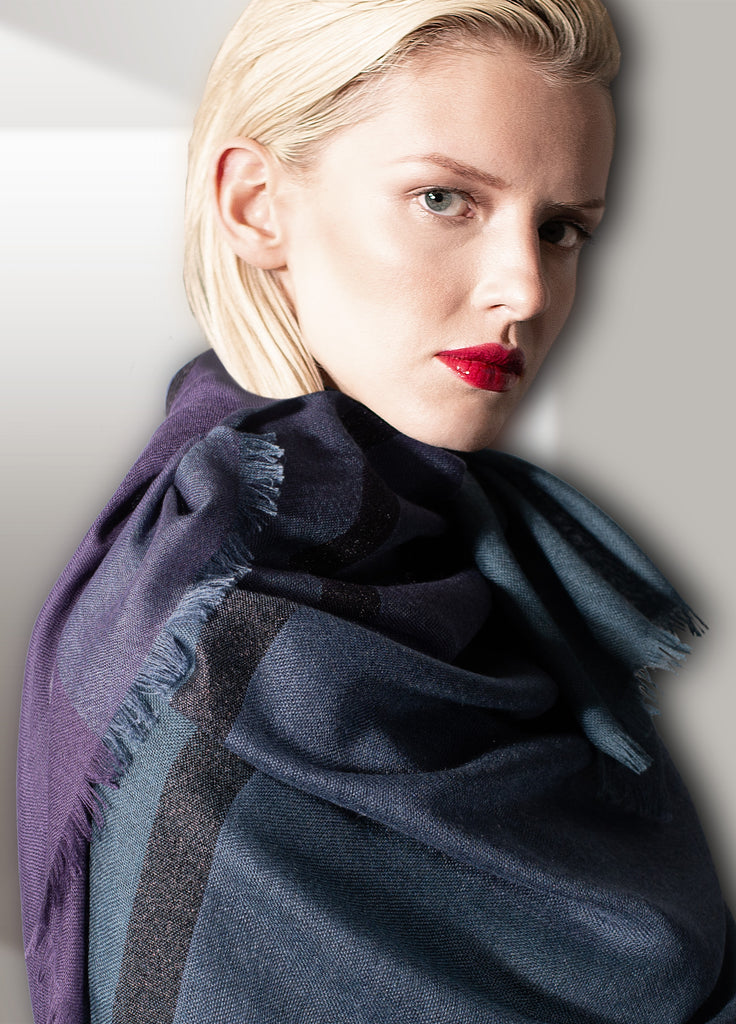 cashmere ultrafine scarf triple tone jewel tones teal saphire , quartz blue and amethyst with black lame stripe wrapped on model close up