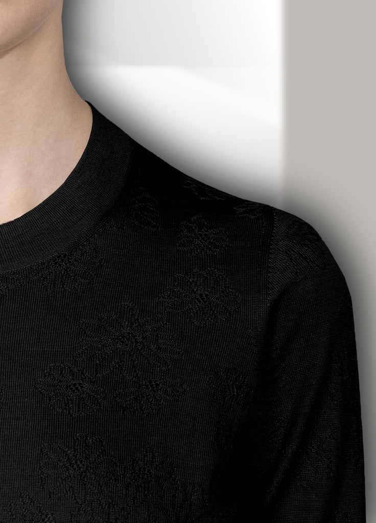 cashmere floral texture crew neck sweater black close up
