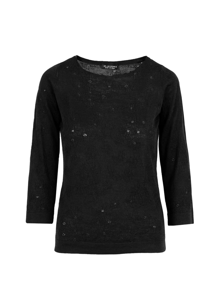 Women's cashmere boat neck sweater black with open floral detail