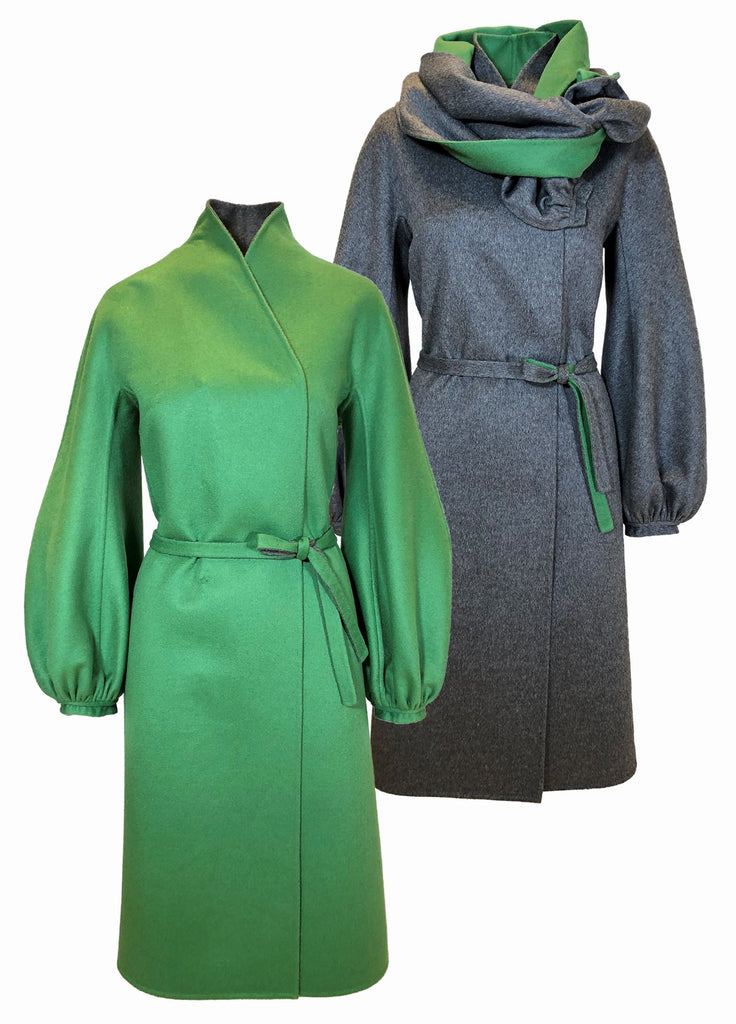 Women's cashmere double face coat grey with green reversible