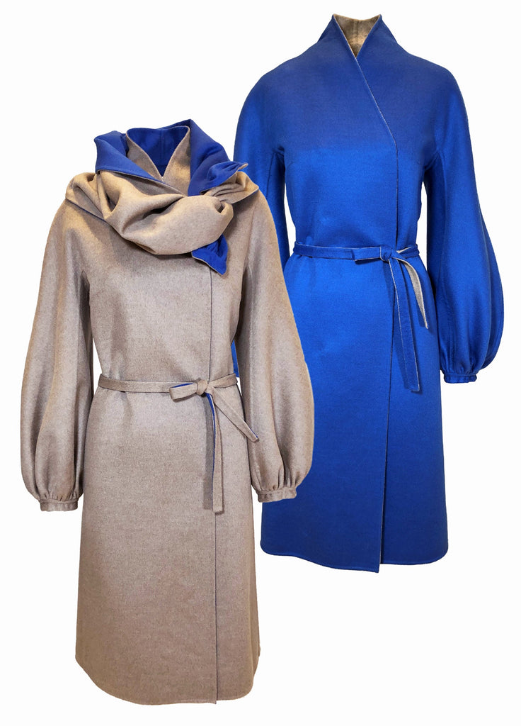 Women's cashmere double face coat camel blue reversible